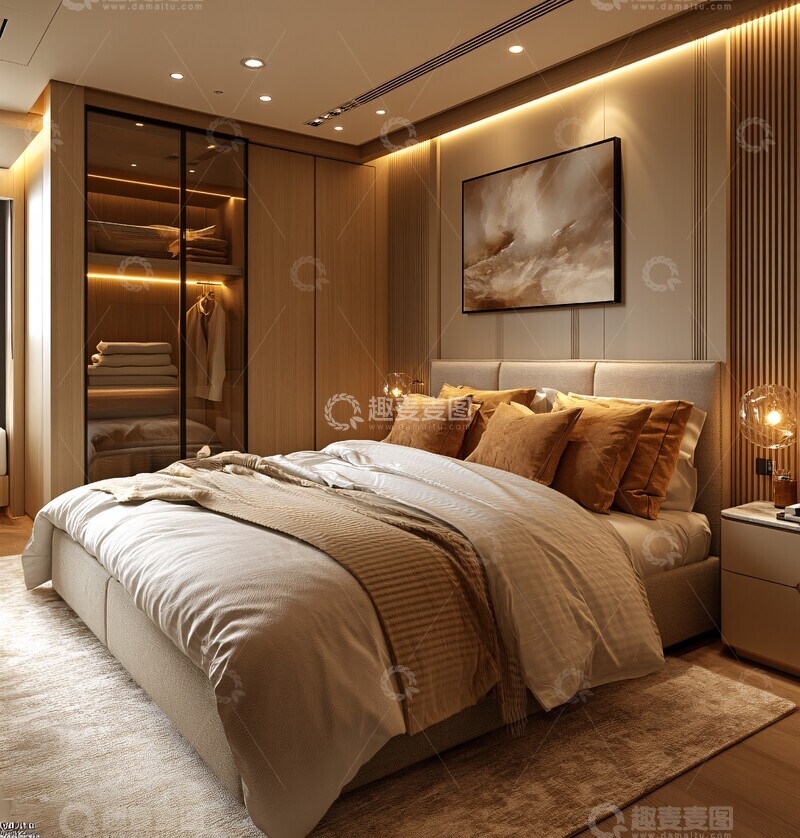 高清大图下载【趣麦麦图】中性色调实木卧室2
