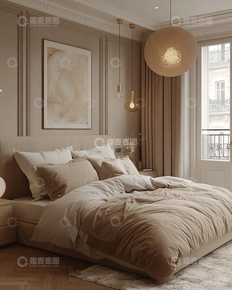 高清大图下载【趣麦麦图】灰白木卧室现代卧室墙面2