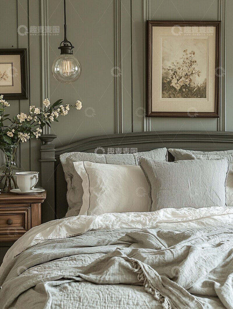 高清大图下载【趣麦麦图】白色墙壁灰色床头1