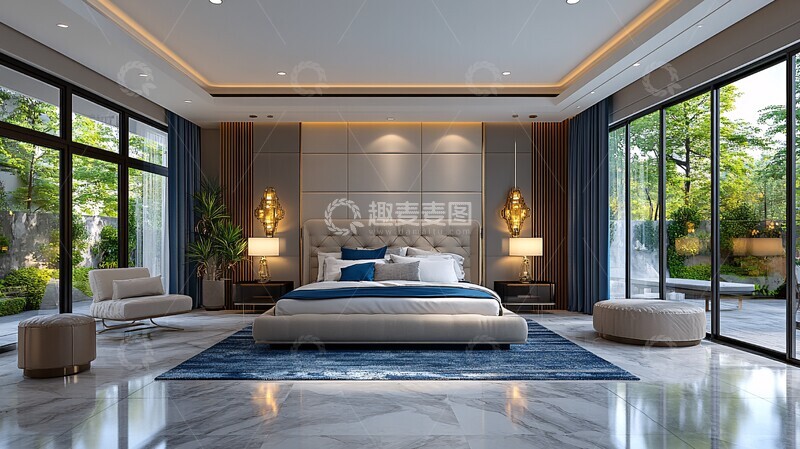 高清大图下载【趣麦麦图】现代卧室蓝白布置