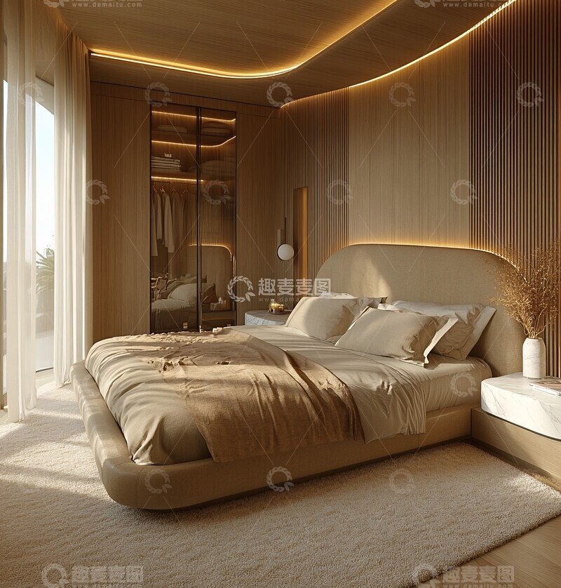 高清大图下载【趣麦麦图】中性色调实木卧室