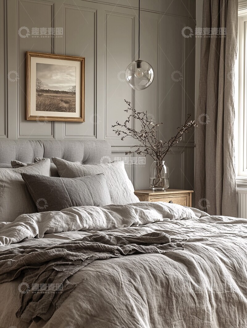 高清大图下载【趣麦麦图】白色墙壁灰色床头