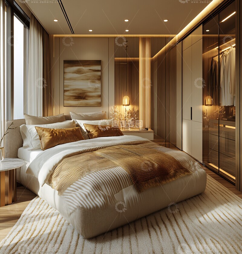 高清大图下载【趣麦麦图】中性色调实木卧室1