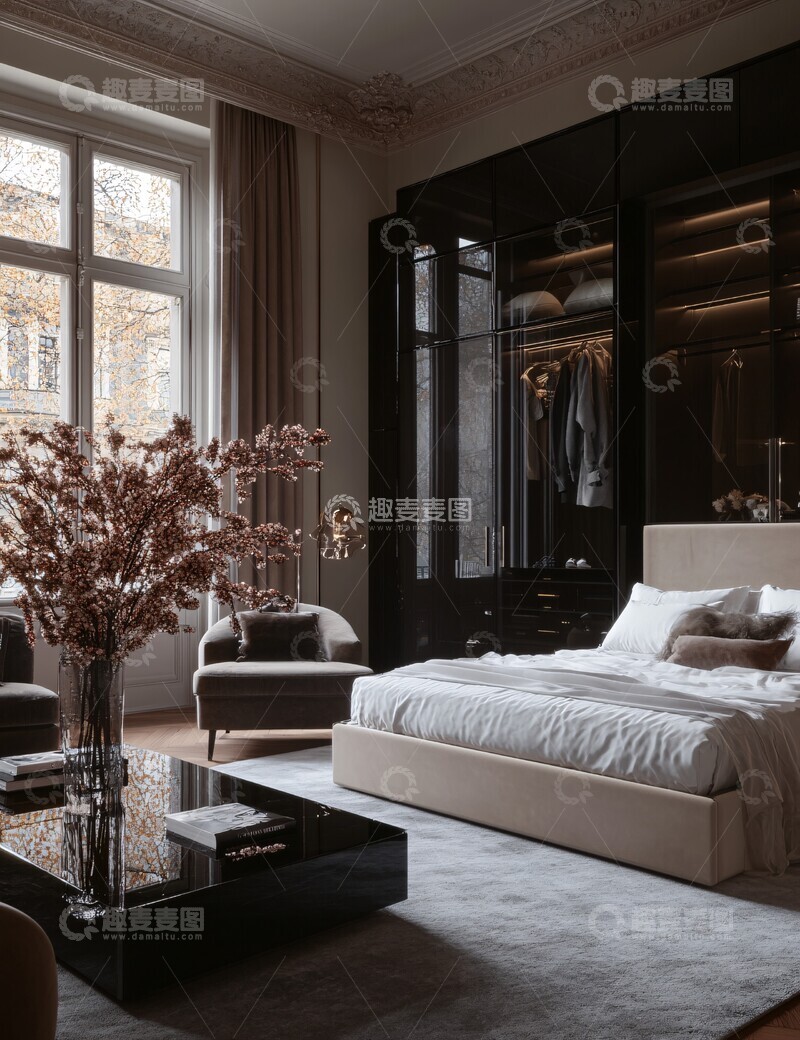 高清大图下载【趣麦麦图】大床卧室家居镜墙2