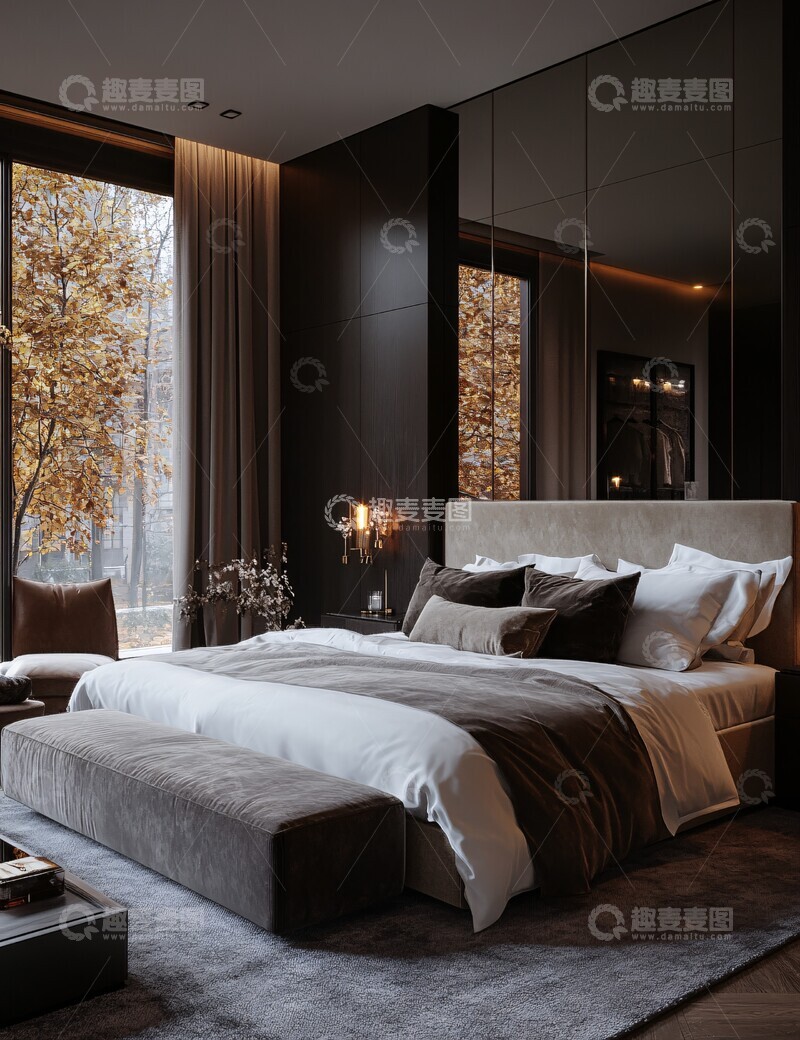 高清大图下载【趣麦麦图】大床卧室家居镜墙1