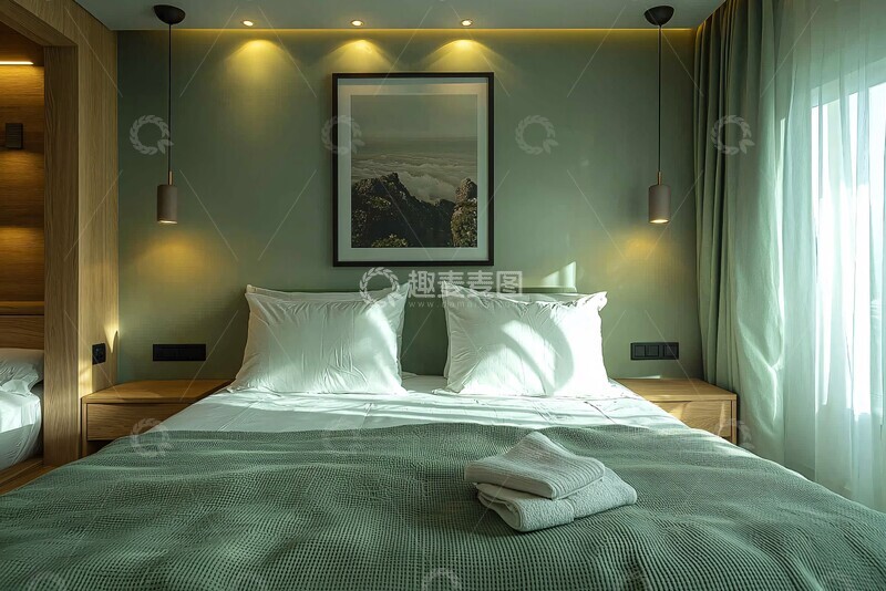 高清大图下载【趣麦麦图】绿色床品木质床头2