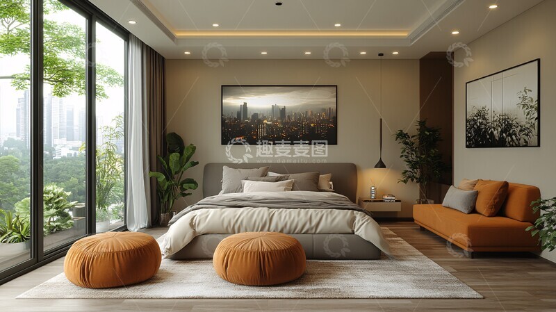 高清大图下载【趣麦麦图】奶油色现代卧室