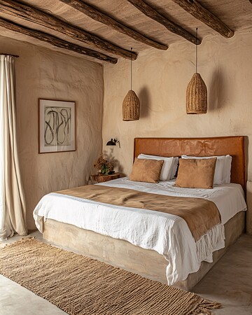 皮革床搭配木梁设计