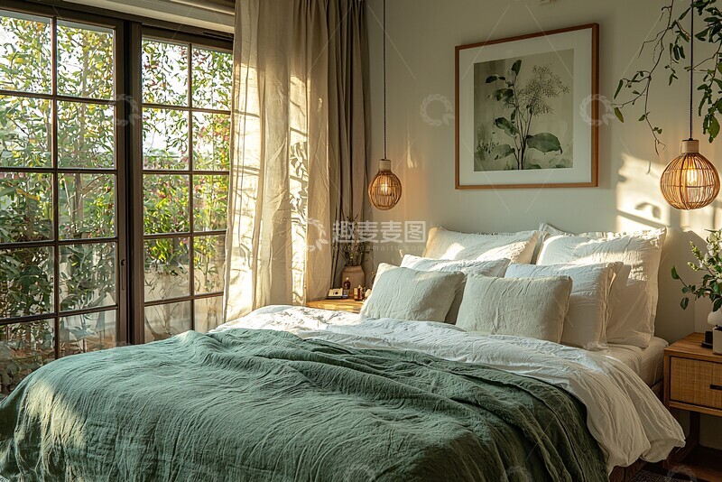 高清大图下载【趣麦麦图】绿色床品木质床头