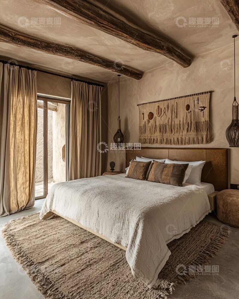 高清大图下载【趣麦麦图】皮革床搭配木梁设计1