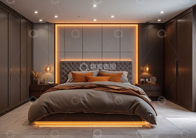高清大图下载【趣麦麦图】灰色墙壁暖灰地板卧室1