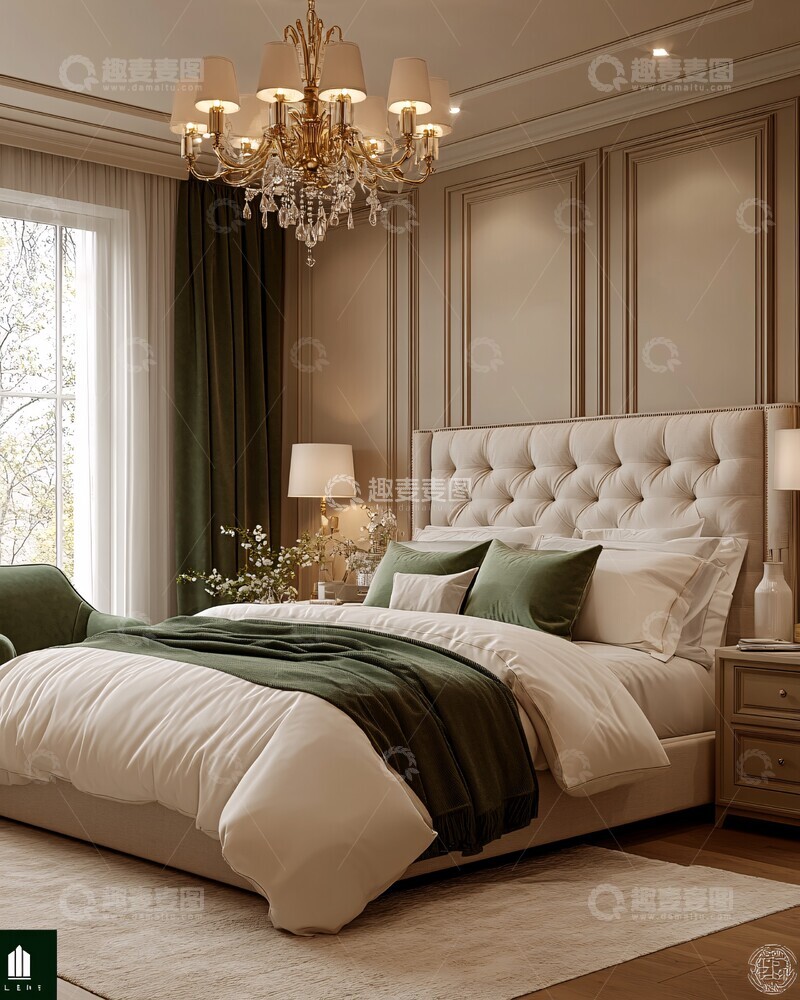 高清大图下载【趣麦麦图】大床卧室白绿装饰3