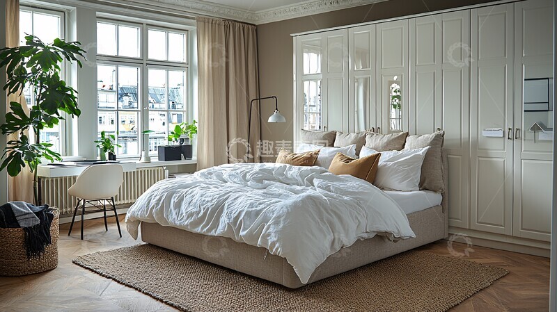 高清大图下载【趣麦麦图】灰色床品白色衣柜2