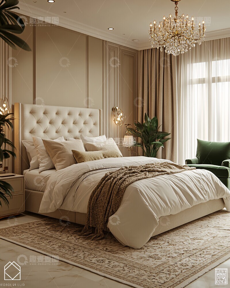 高清大图下载【趣麦麦图】大床卧室白绿装饰2