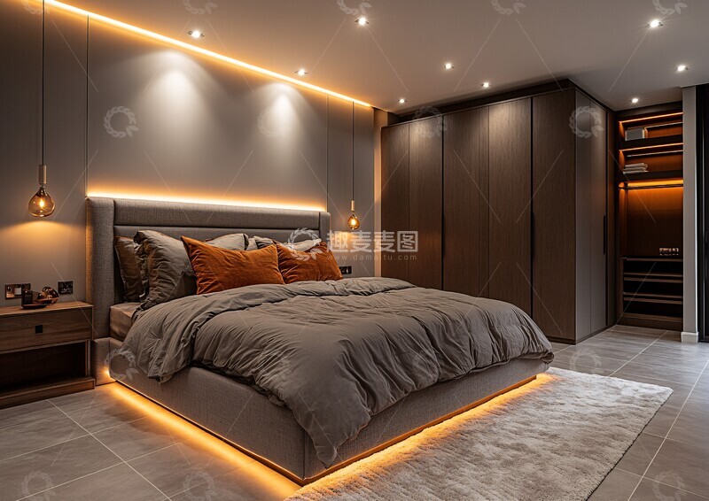 高清大图下载【趣麦麦图】灰色墙壁暖灰地板卧室2
