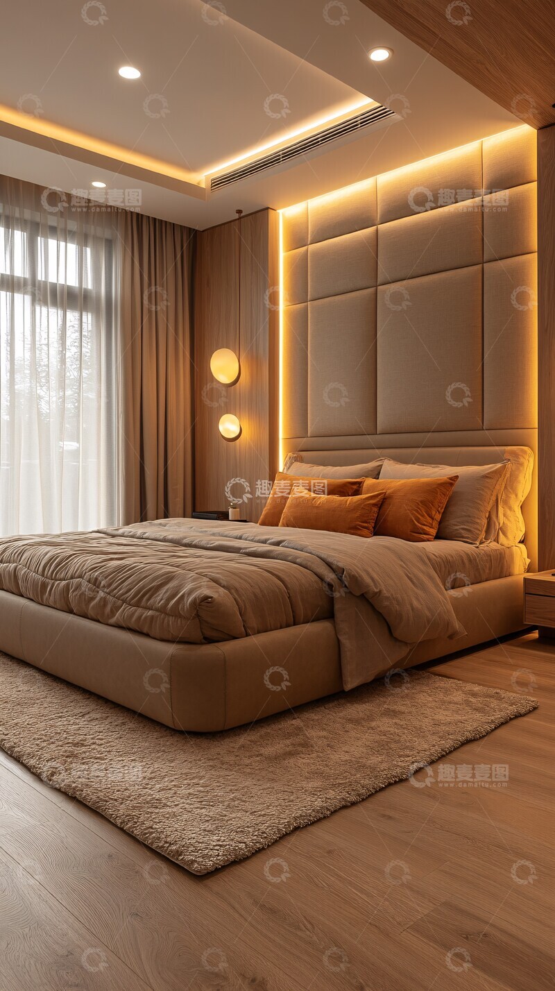 高清大图下载【趣麦麦图】条纹床头板双床卧室2