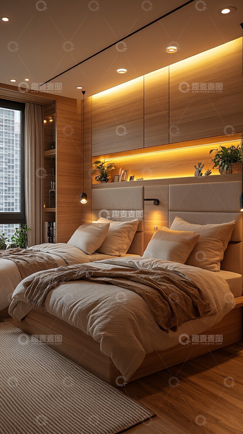 高清大图下载【趣麦麦图】条纹床头板双床卧室1