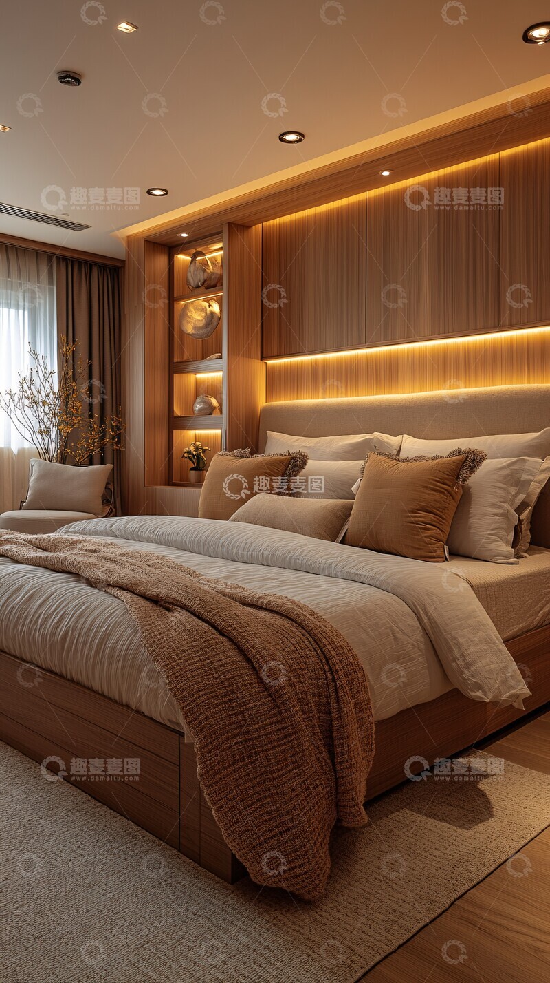 高清大图下载【趣麦麦图】条纹床头板双床卧室