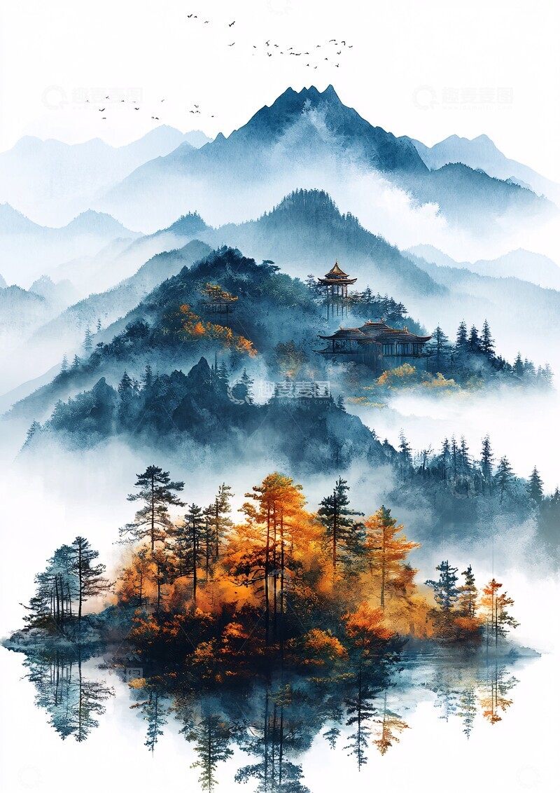 高清大图下载【趣麦麦图】-山水树木壁画2