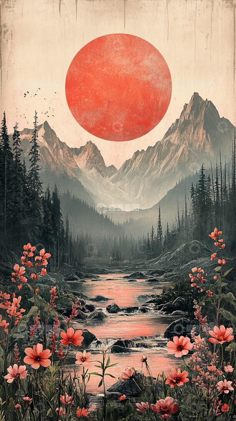 高清大图下载【趣麦麦图】山水花晨阳光粉色天空1