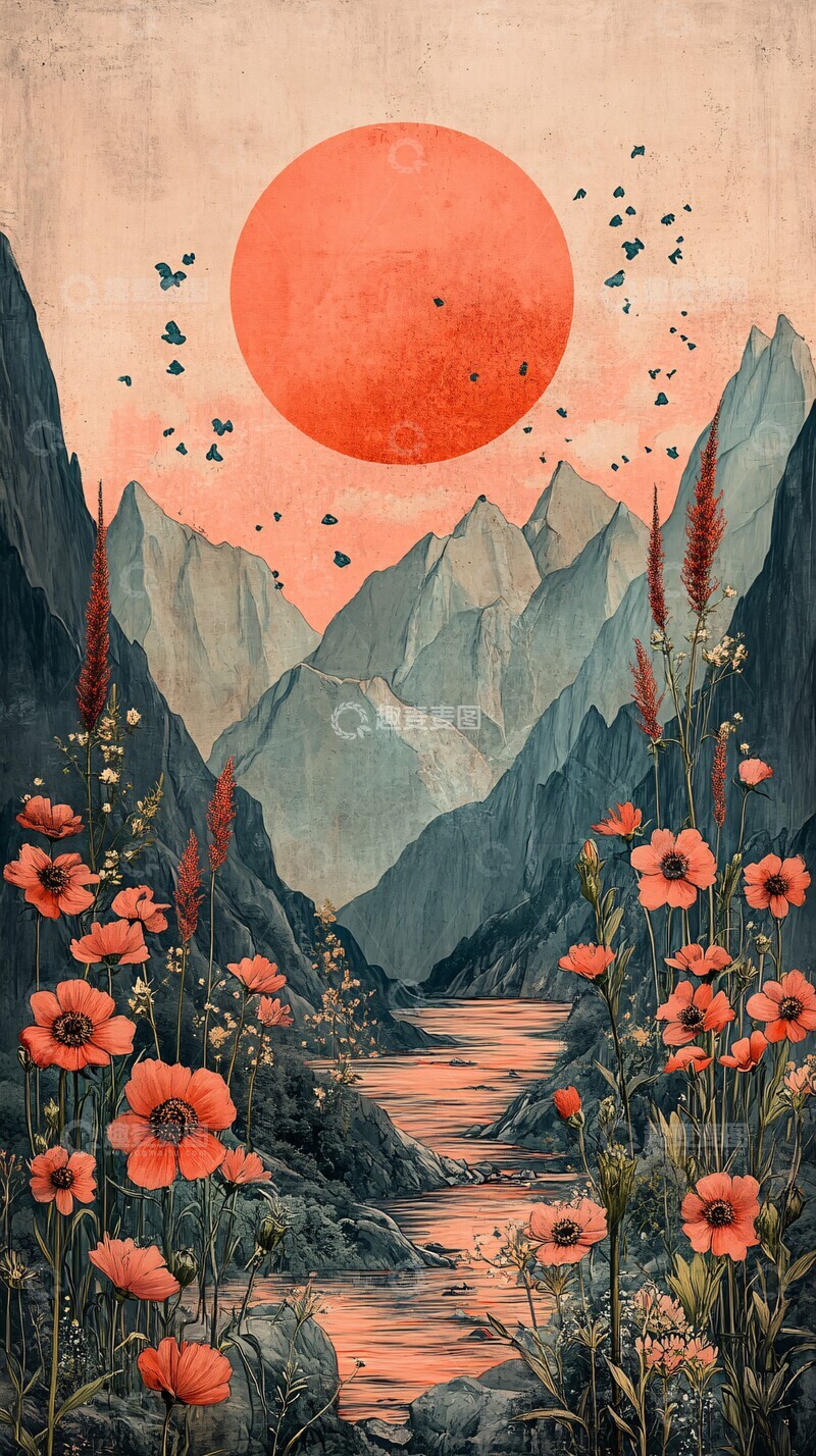 高清大图下载【趣麦麦图】山水花晨阳光粉色天空