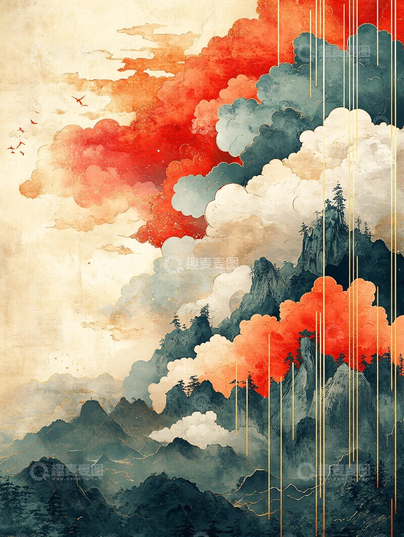 高清大图下载【趣麦麦图】红灰云纹中国画