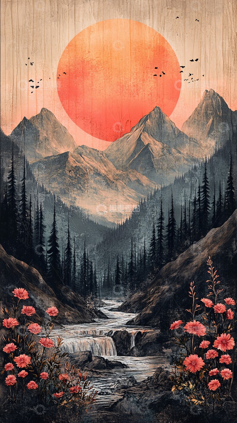 高清大图下载【趣麦麦图】山水花晨阳光粉色天空2