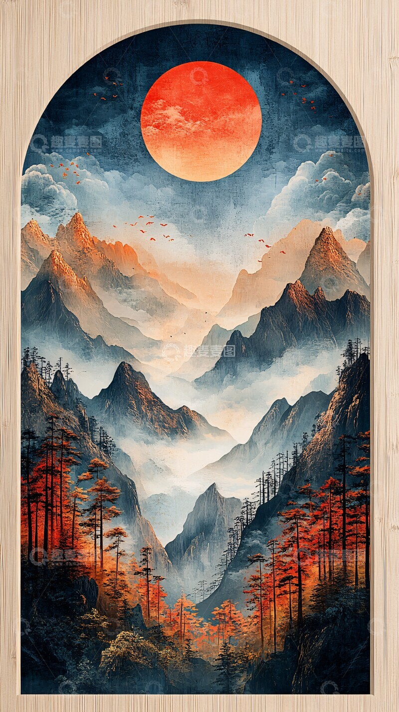 高清大图下载【趣麦麦图】山水云天半圆木磁贴3