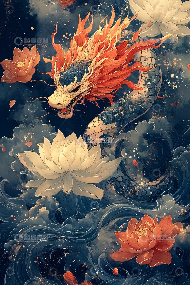 高清大图下载【趣麦麦图】蛇年莲花云纹图2