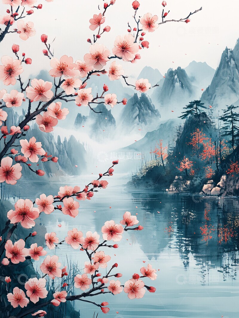 高清大图下载【趣麦麦图】春雨樱花山水图