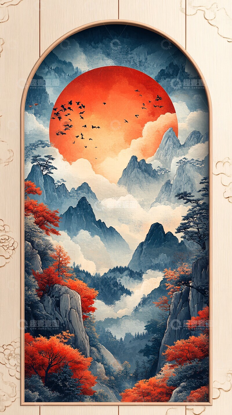 高清大图下载【趣麦麦图】山水云天半圆木磁贴2