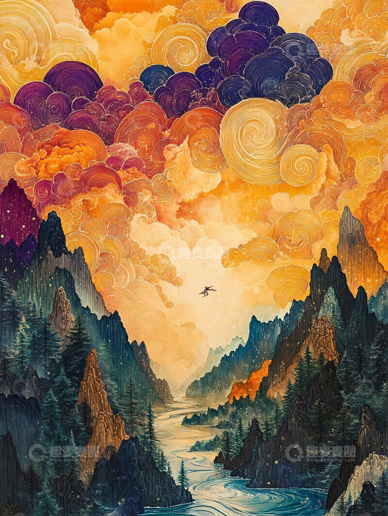 高清大图下载【趣麦麦图】云间龙纹飞翔图