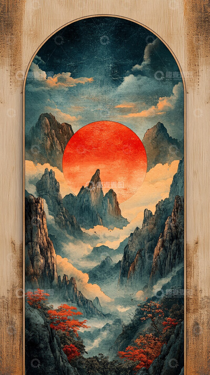 高清大图下载【趣麦麦图】山水云天半圆木磁贴1