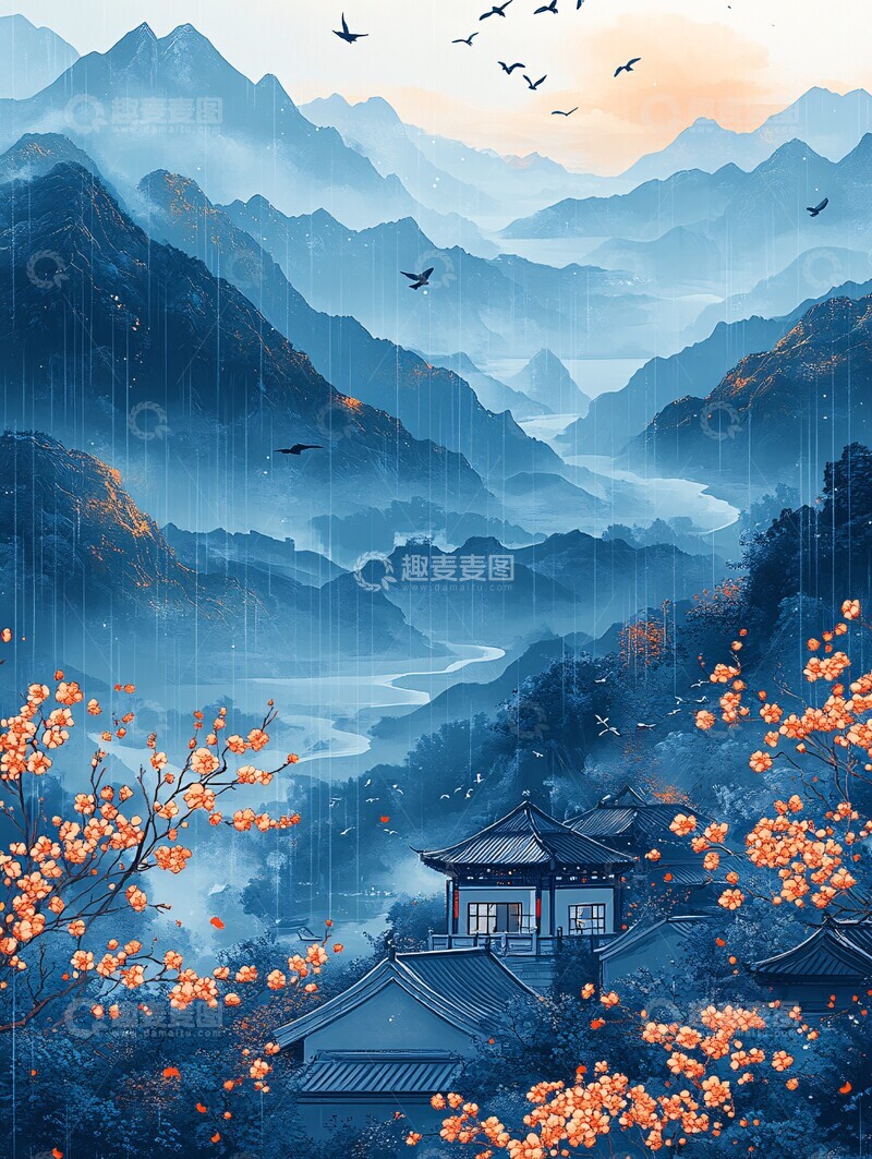 高清大图下载【趣麦麦图】雨季飞燕山水图2