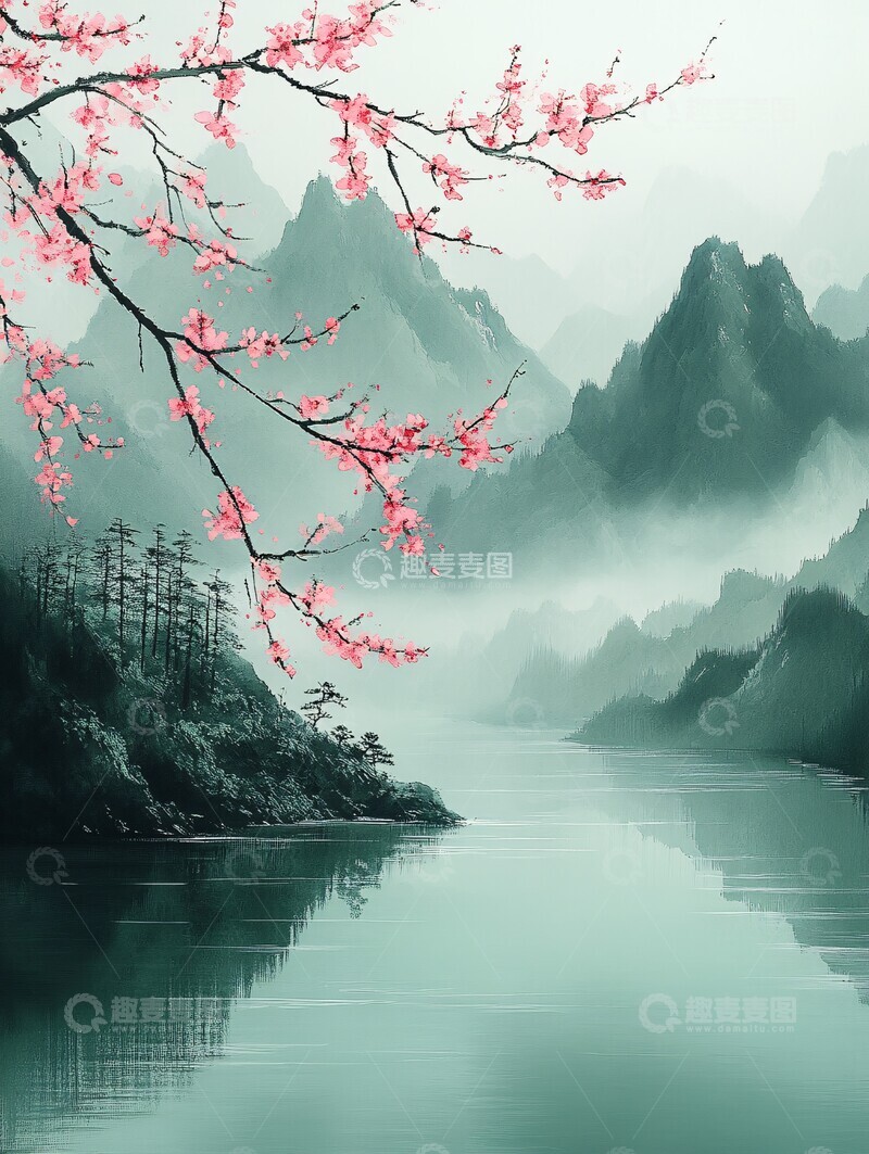 高清大图下载【趣麦麦图】春雨樱花山水图1