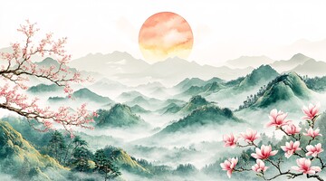 山峦日出图山峦日出水彩2