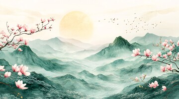 山峦日出图山峦日出水彩