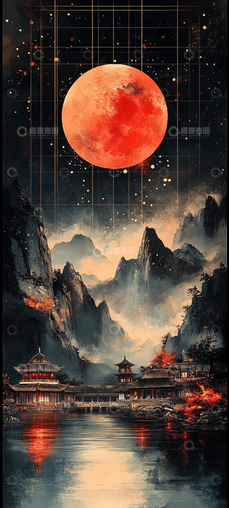高清大图下载【趣麦麦图】山水金月墨彩图1