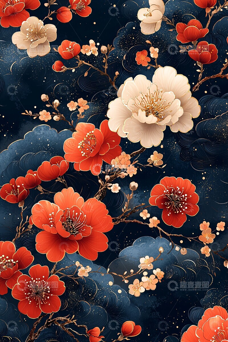 高清大图下载【趣麦麦图】红花云纹布料2