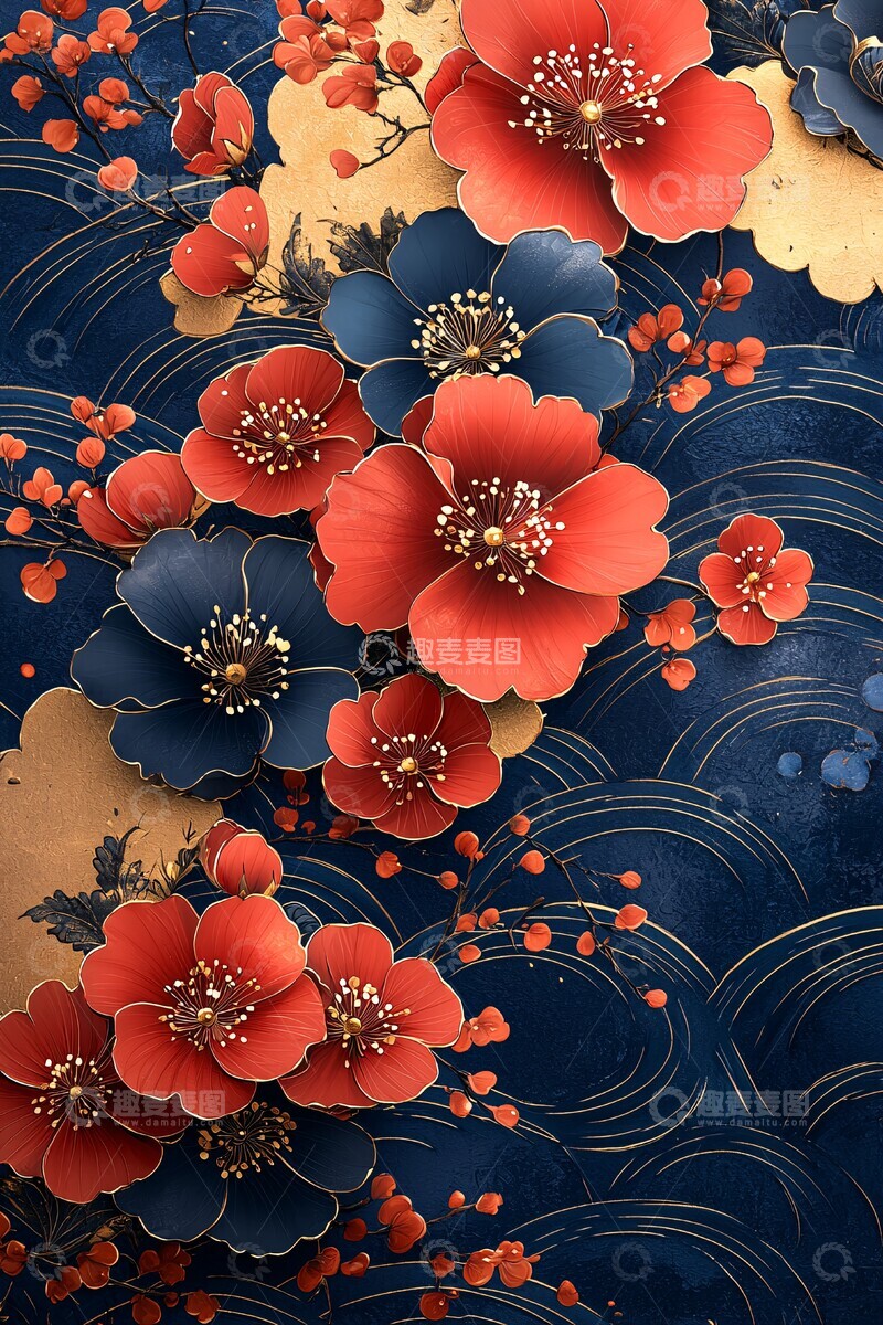 高清大图下载【趣麦麦图】红花云纹布料