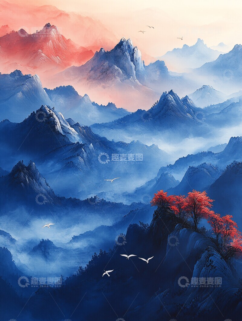 高清大图下载【趣麦麦图】白鸟云山丝绸纹2