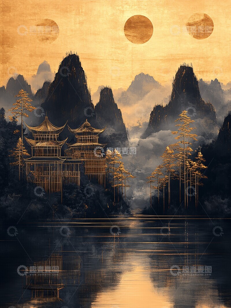 高清大图下载【趣麦麦图】-金色山水画金色山水河流