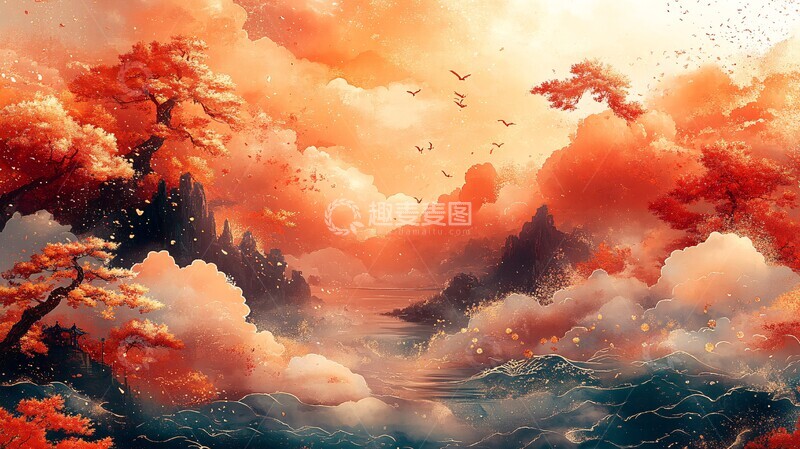 高清大图下载【趣麦麦图】红底金云水纹图