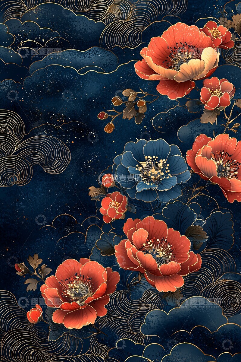 高清大图下载【趣麦麦图】红花云纹布料1