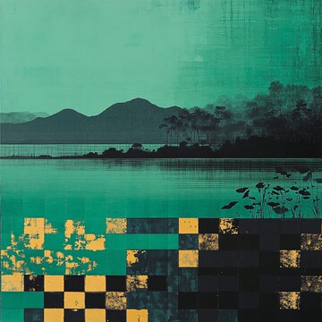 绿黑方格湿地画1