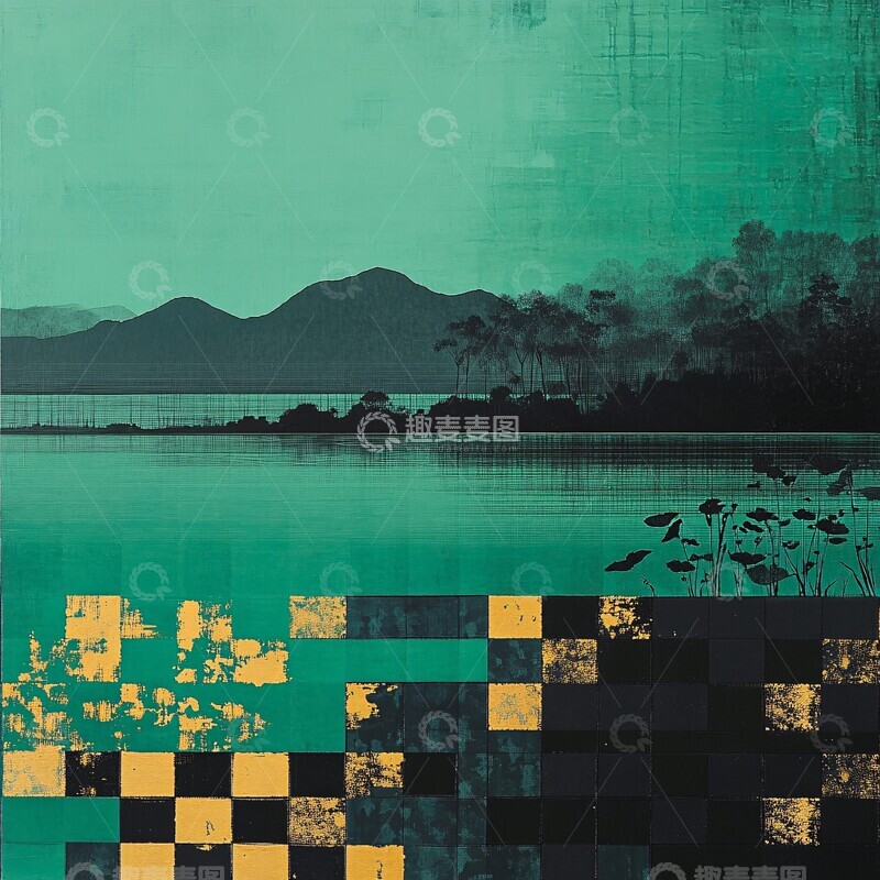 高清大图下载【趣麦麦图】-绿黑方格湿地画1