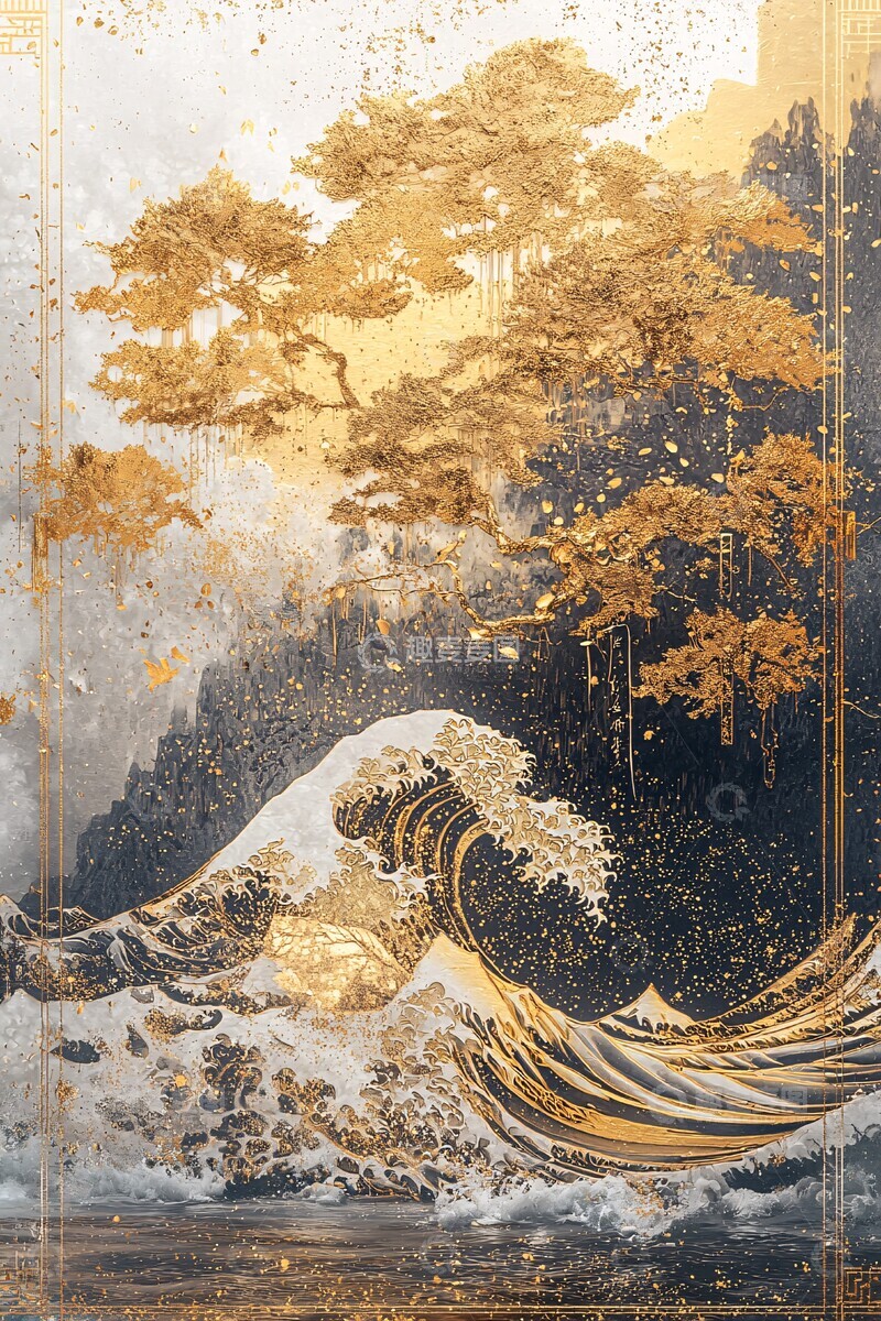 高清大图下载【趣麦麦图】金色浪纹水墨