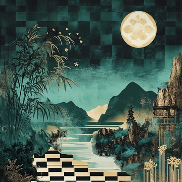 绿黑方格湿地画2