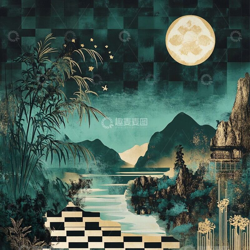 高清大图下载【趣麦麦图】绿黑方格湿地画2