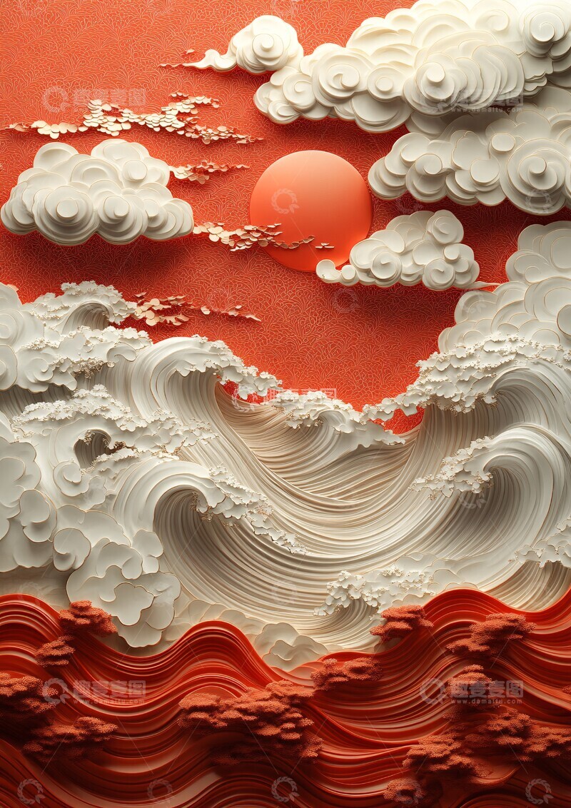 高清大图下载【趣麦麦图】红云波纹浮雕1